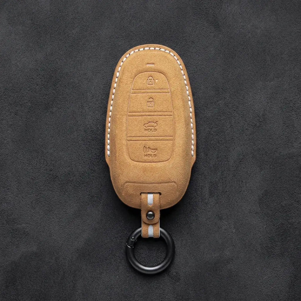Hyundai Hand-Stitched Alcantara Key Fob Cover – Oval 4-Button Smart Key Soft Brown