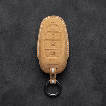 Hyundai Hand-Stitched Alcantara Key Fob Cover – Oval 4-Button Smart Key Soft Brown