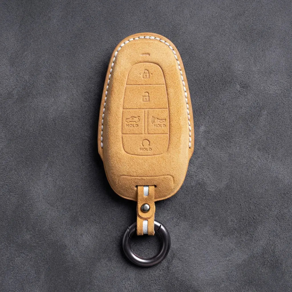 Hyundai Hand-Stitched Alcantara Key Fob Cover – Oval 5-Button Soft Brown