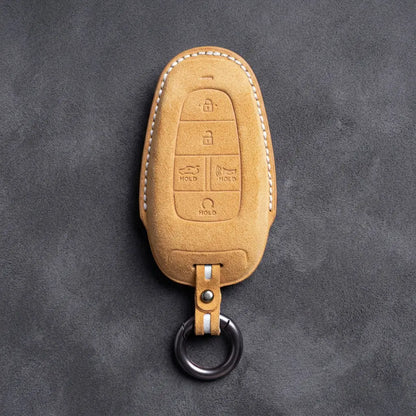 Hyundai Hand-Stitched Alcantara Key Fob Cover – Oval 5-Button Soft Brown