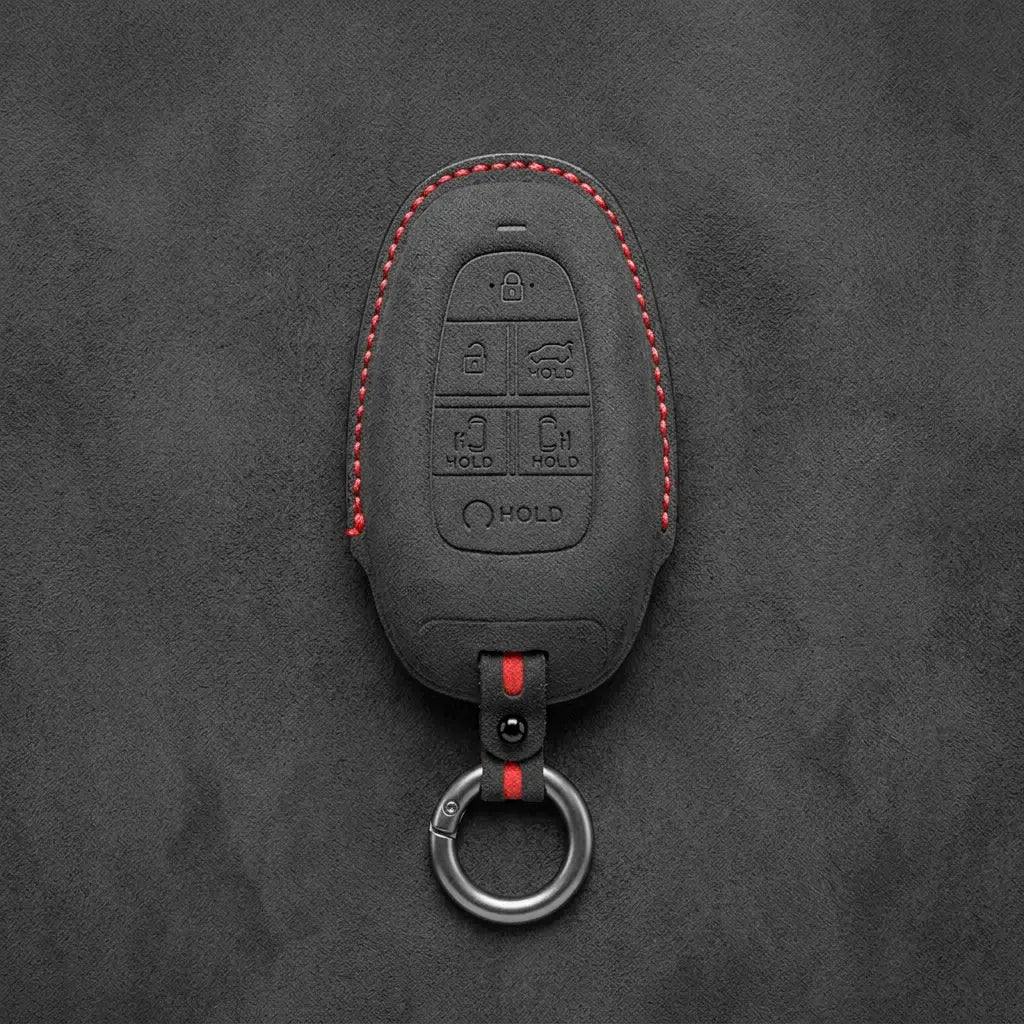 Hyundai Hand-Stitched Alcantara Key Fob Cover – Oval 6-Button Dark Charcoal