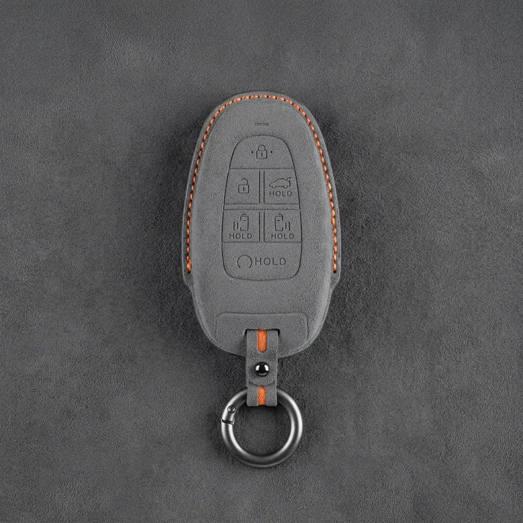 Hyundai Hand-Stitched Alcantara Key Fob Cover – Oval 6-Button Dark Gray