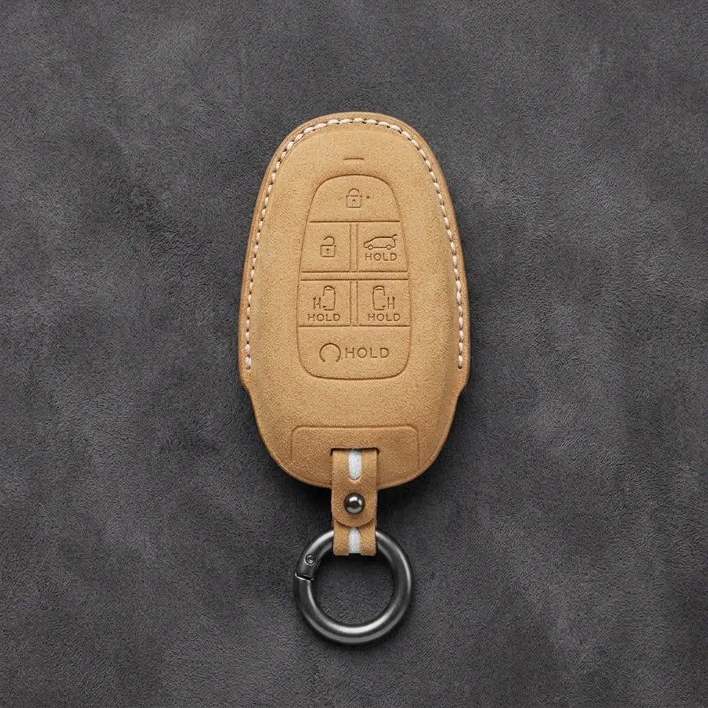 Hyundai Hand-Stitched Alcantara Key Fob Cover – Oval 6-Button Soft Brown