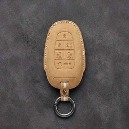 Hyundai Hand-Stitched Alcantara Key Fob Cover – Oval 6-Button Soft Brown