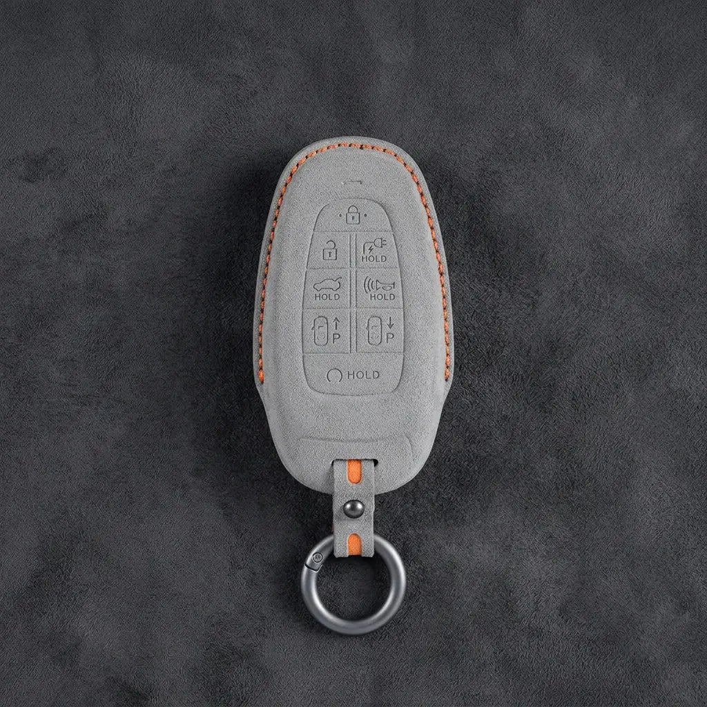 Hyundai Hand-Stitched Alcantara Key Fob Cover – Oval 8-Button Dark Gray