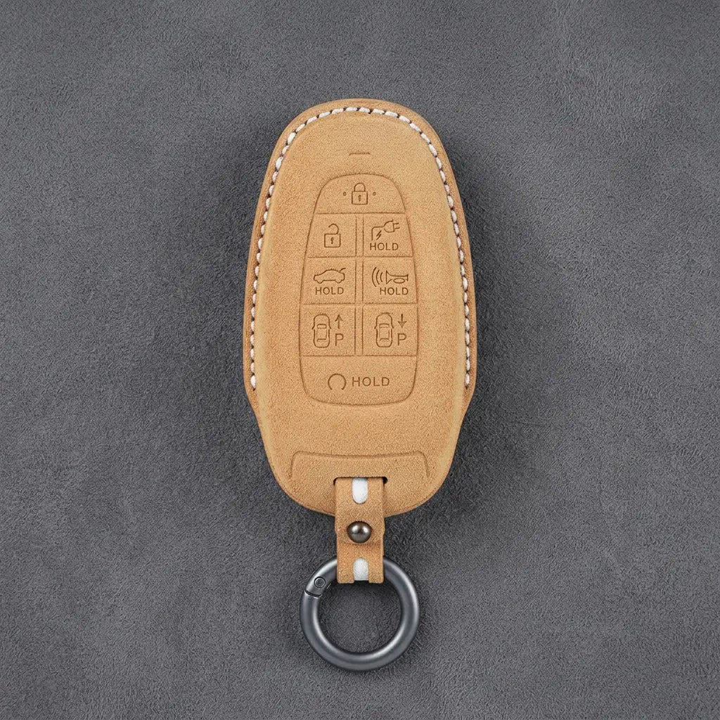Hyundai Hand-Stitched Alcantara Key Fob Cover – Oval 8-Button Soft Brown
