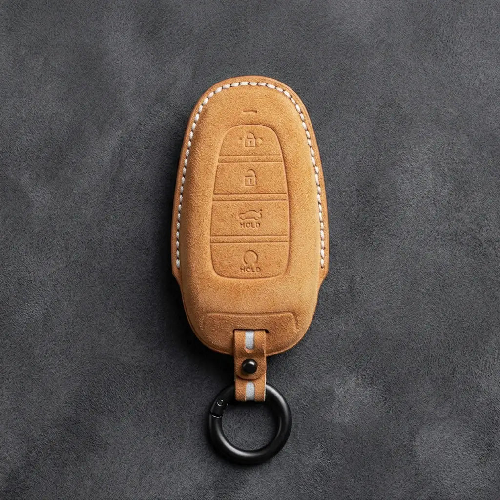 Hyundai Hand-Stitched Alcantara Key Fob Cover – Oval Trunk & Start Soft Brown