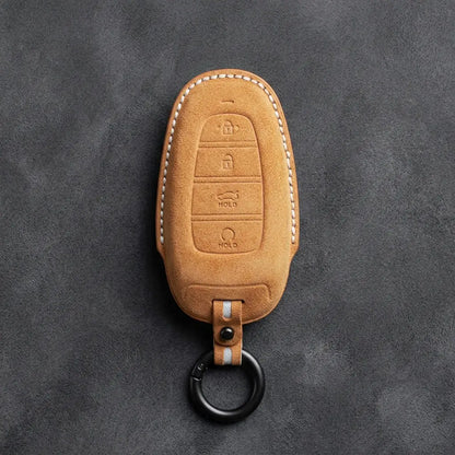 Hyundai Hand-Stitched Alcantara Key Fob Cover – Oval Trunk & Start Soft Brown