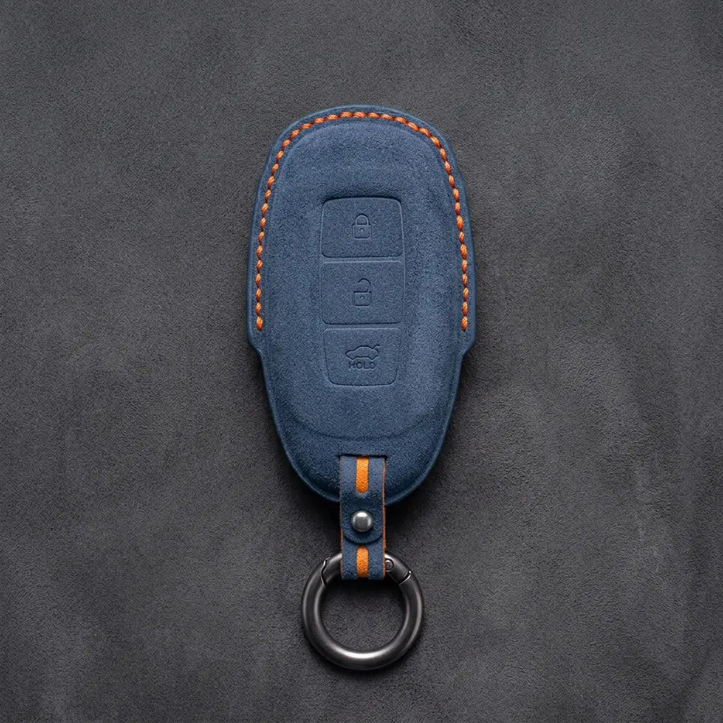Hyundai Hand-Stitched Alcantara Key Fob Cover – Silver Cap 3-Button Cobalt Blue