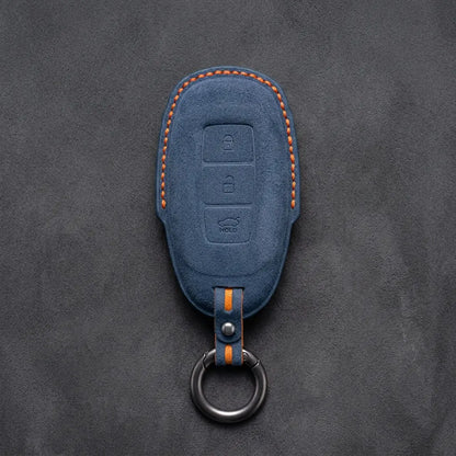 Hyundai Hand-Stitched Alcantara Key Fob Cover – Silver Cap 3-Button Cobalt Blue