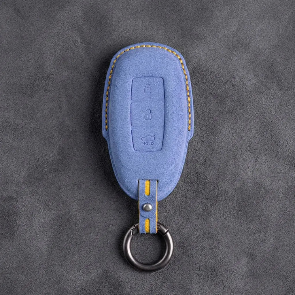 Hyundai Hand-Stitched Alcantara Key Fob Cover – Silver Cap 3-Button Cornflower Blue