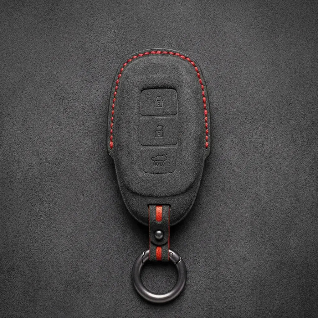 Hyundai Hand-Stitched Alcantara Key Fob Cover – Silver Cap 3-Button Dark Charcoal