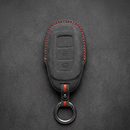 Hyundai Hand-Stitched Alcantara Key Fob Cover – Silver Cap 3-Button Dark Charcoal