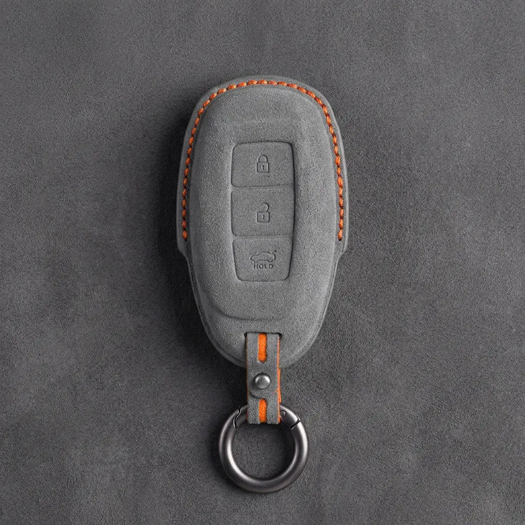 Hyundai Hand-Stitched Alcantara Key Fob Cover – Silver Cap 3-Button Dark Gray