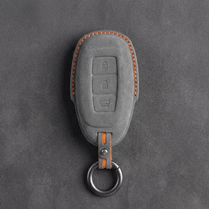 Hyundai Hand-Stitched Alcantara Key Fob Cover – Silver Cap 3-Button Dark Gray