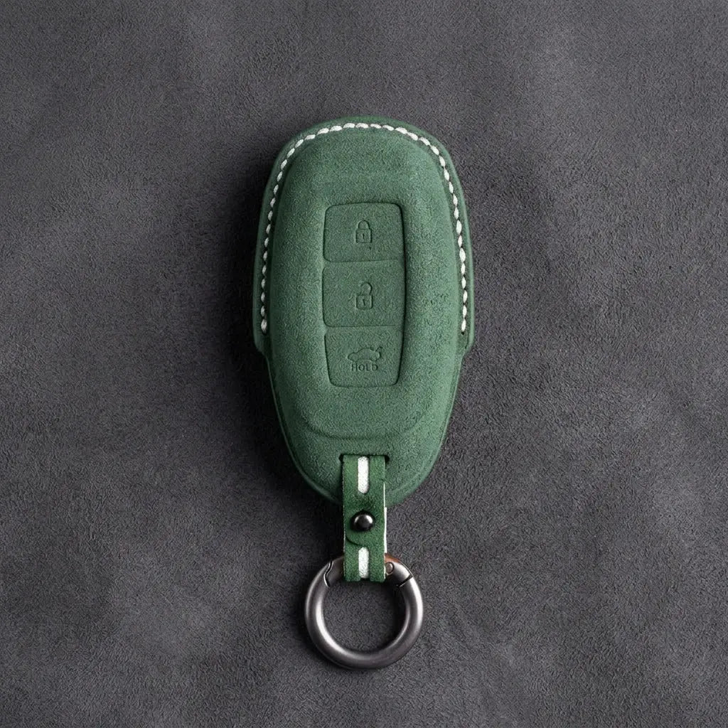 Hyundai Hand-Stitched Alcantara Key Fob Cover – Silver Cap 3-Button Dark Green