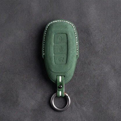 Hyundai Hand-Stitched Alcantara Key Fob Cover – Silver Cap 3-Button Dark Green