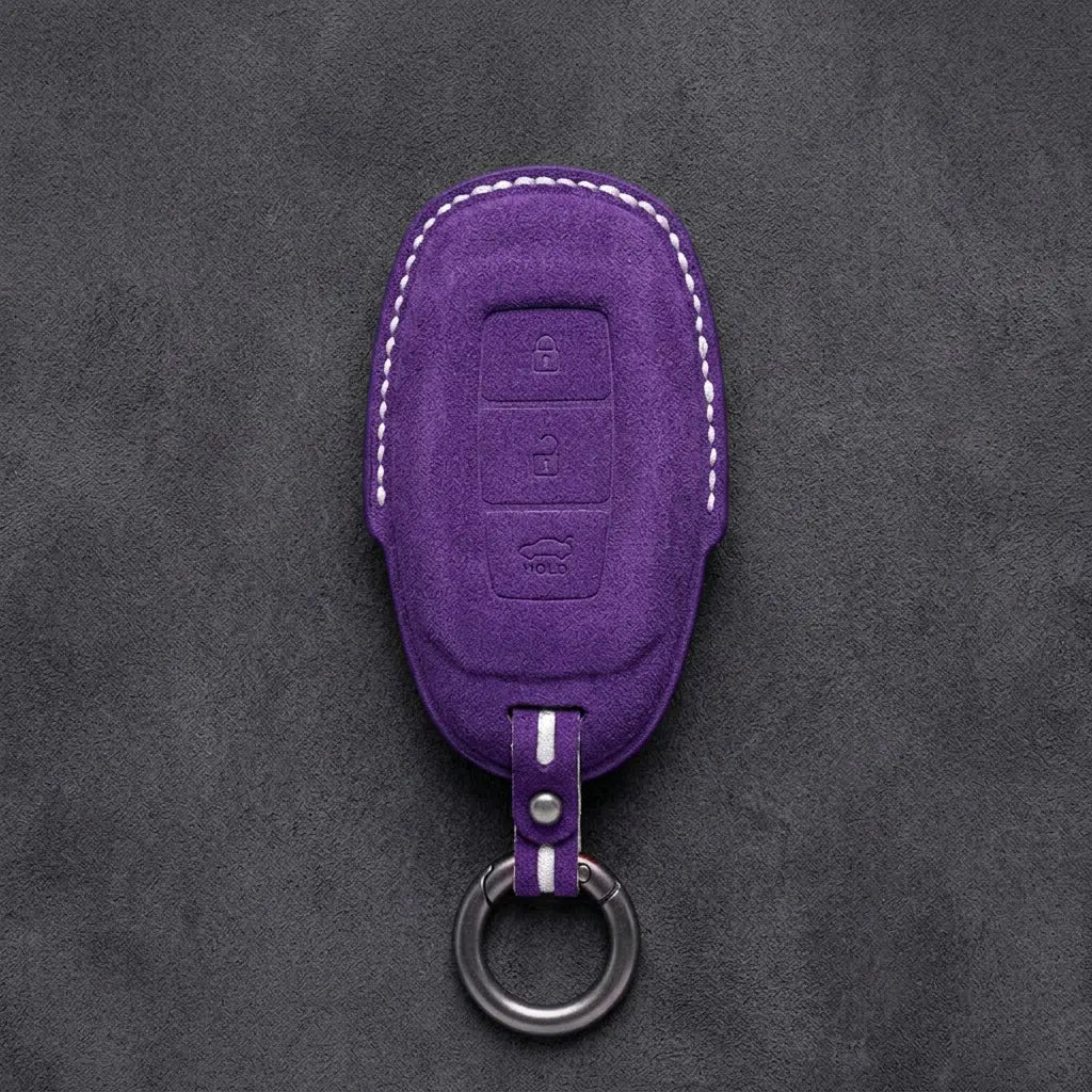 Hyundai Hand-Stitched Alcantara Key Fob Cover – Silver Cap 3-Button Dark Purple