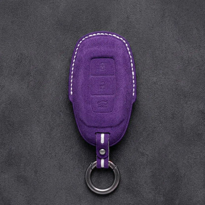 Hyundai Hand-Stitched Alcantara Key Fob Cover – Silver Cap 3-Button Dark Purple