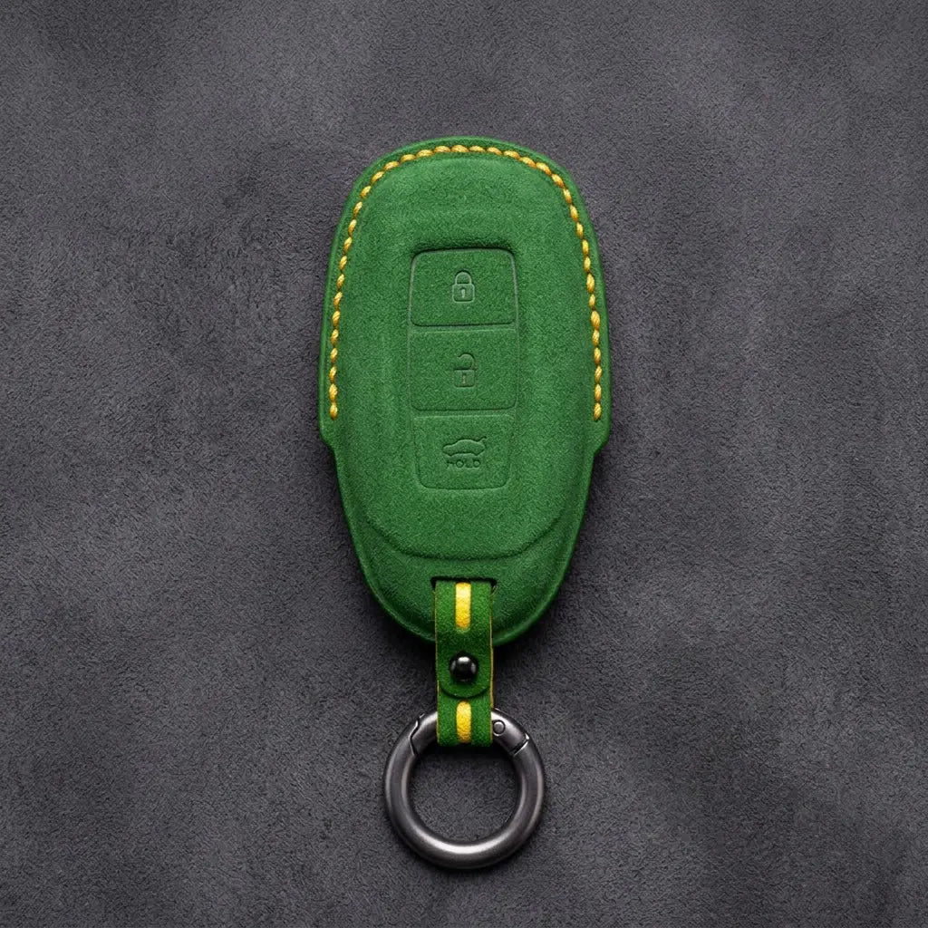Hyundai Hand-Stitched Alcantara Key Fob Cover – Silver Cap 3-Button Grass Green
