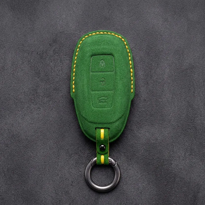 Hyundai Hand-Stitched Alcantara Key Fob Cover – Silver Cap 3-Button Grass Green