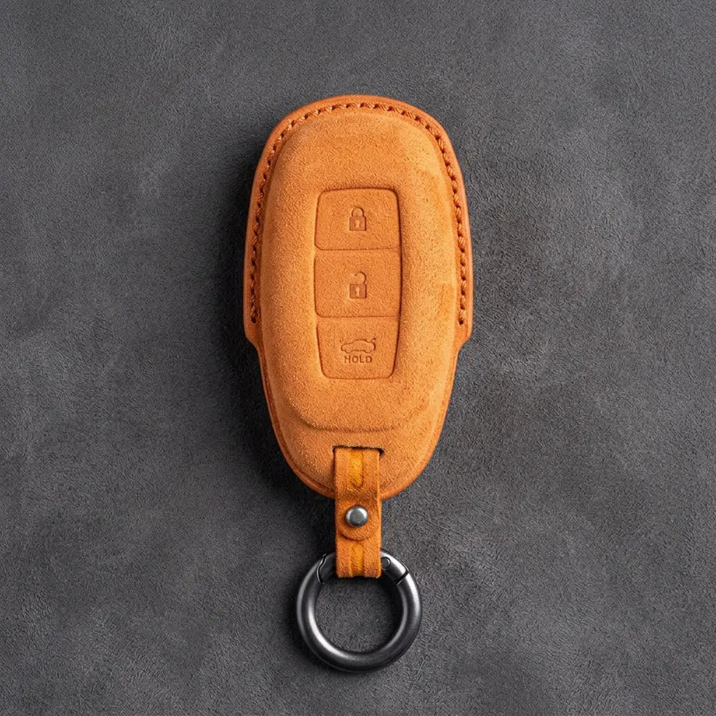 Hyundai Hand-Stitched Alcantara Key Fob Cover – Silver Cap 3-Button Orange