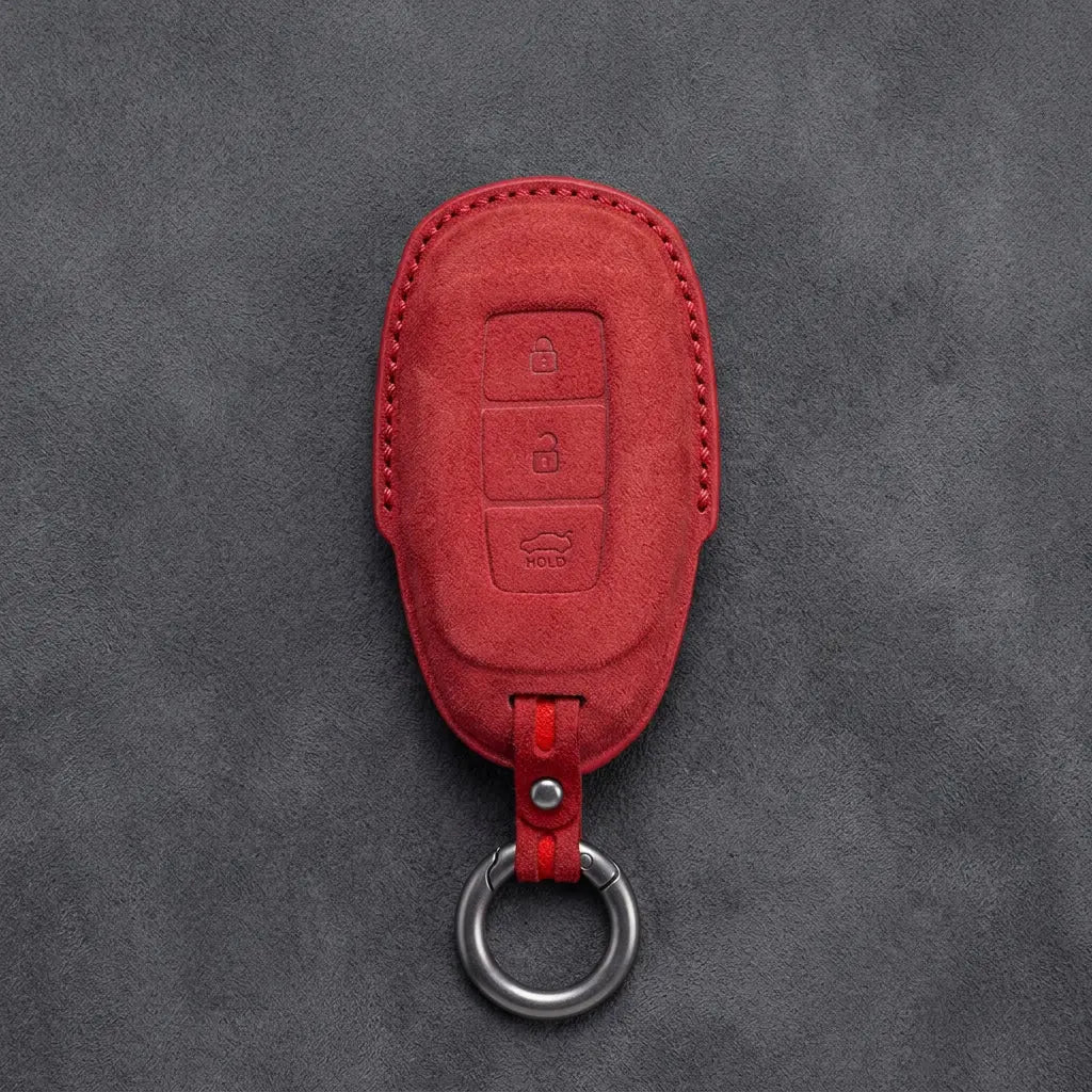 Hyundai Hand-Stitched Alcantara Key Fob Cover – Silver Cap 3-Button Red