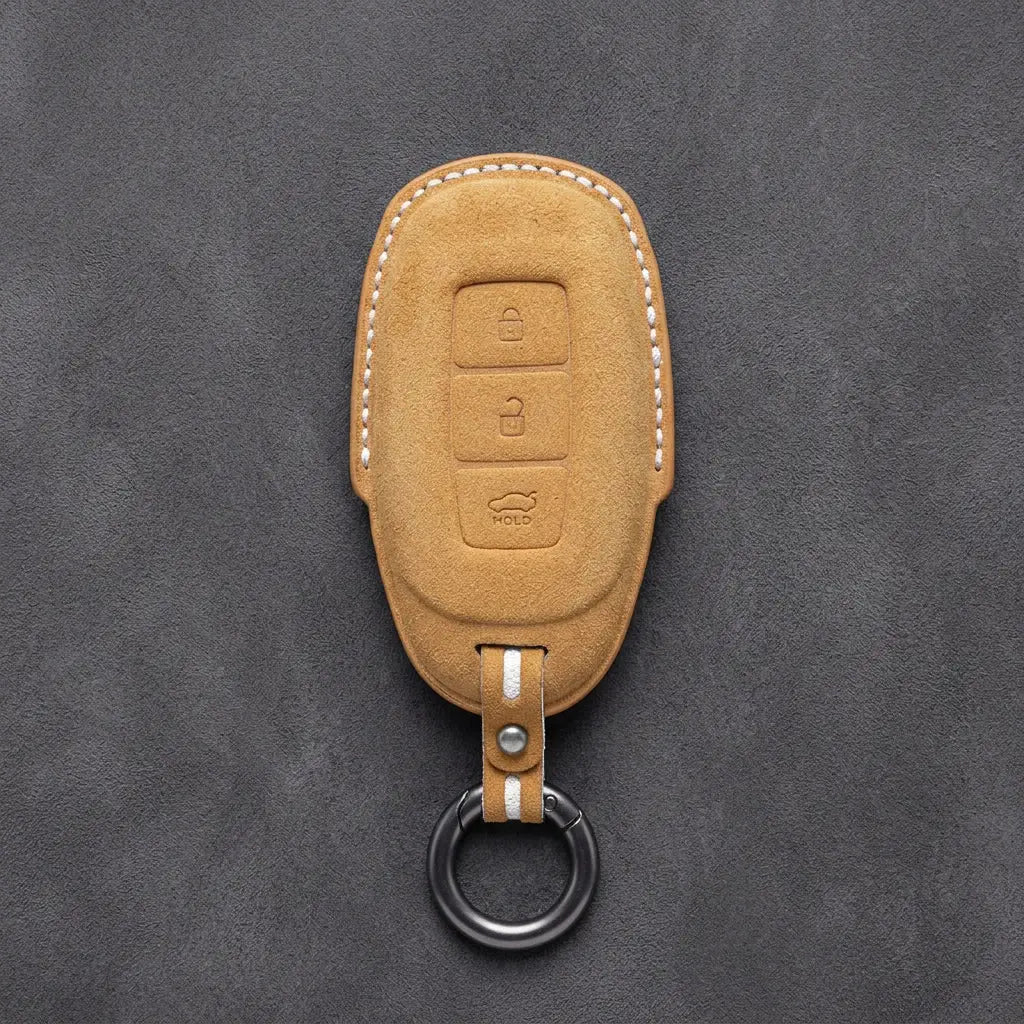 Hyundai Hand-Stitched Alcantara Key Fob Cover – Silver Cap 3-Button Soft Brown