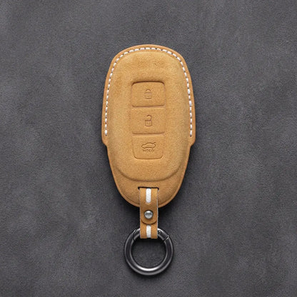 Hyundai Hand-Stitched Alcantara Key Fob Cover – Silver Cap 3-Button Soft Brown