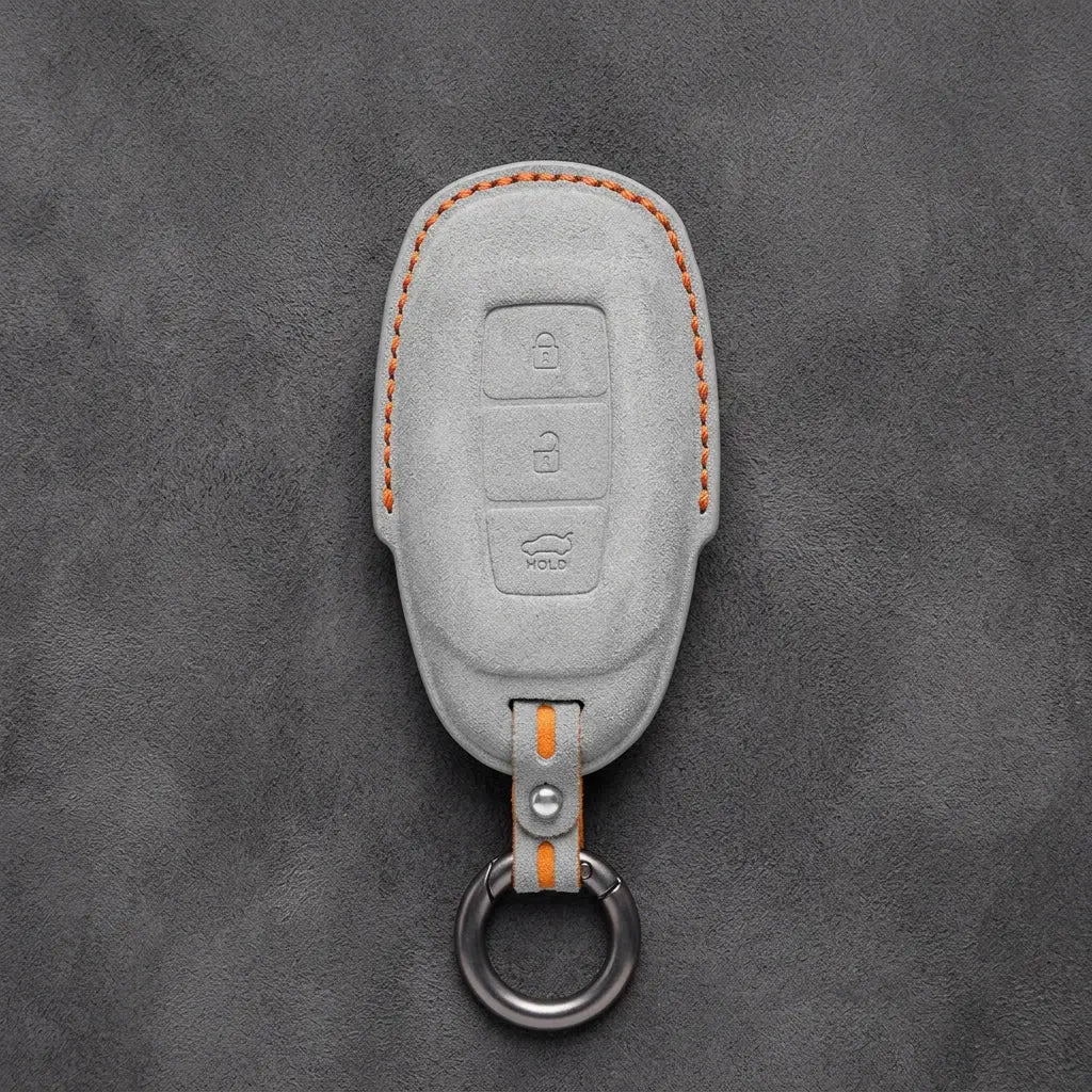Hyundai Hand-Stitched Alcantara Key Fob Cover – Silver Cap 3-Button White