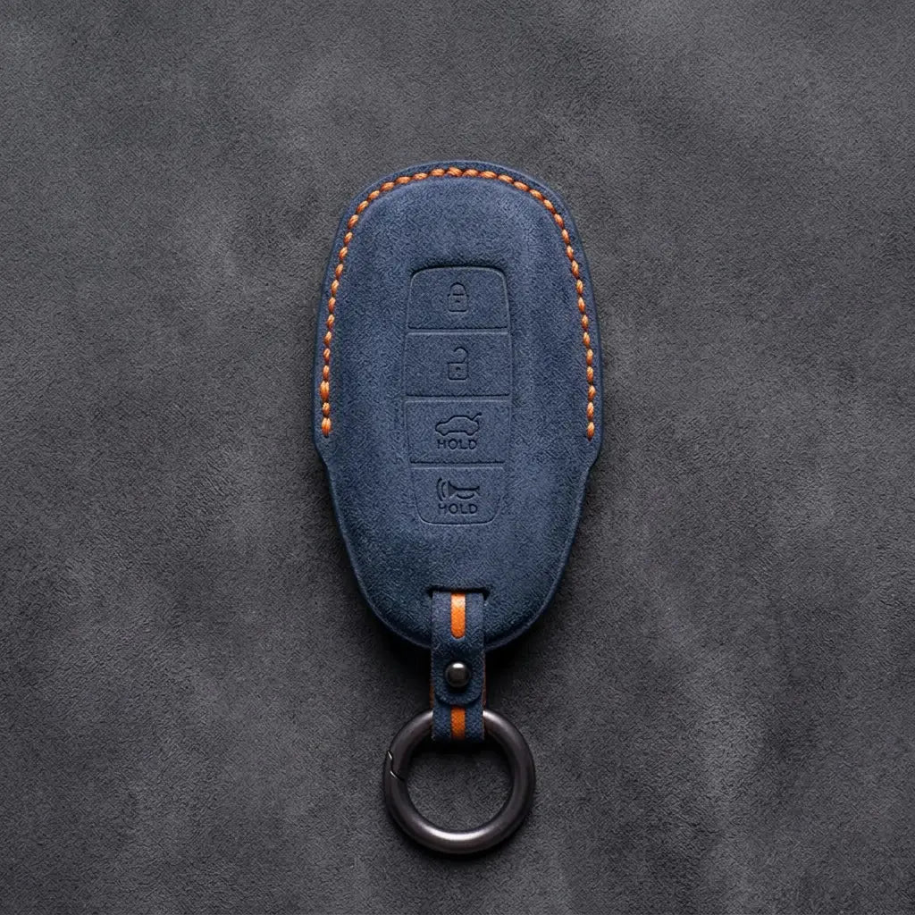 Hyundai Hand-Stitched Alcantara Key Fob Cover – Silver Cap 4-Button Cobalt Blue