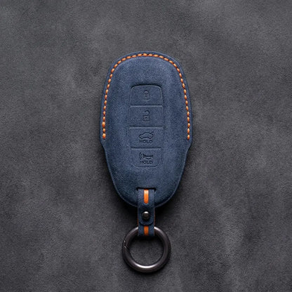 Hyundai Hand-Stitched Alcantara Key Fob Cover – Silver Cap 4-Button Cobalt Blue