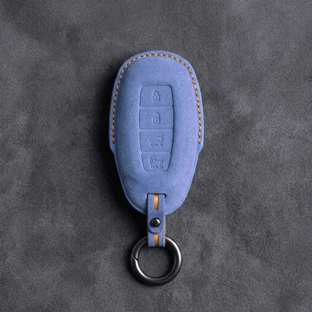 Hyundai Hand-Stitched Alcantara Key Fob Cover – Silver Cap 4-Button Cornflower Blue