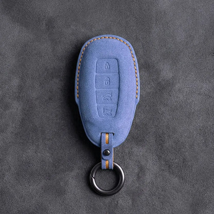 Hyundai Hand-Stitched Alcantara Key Fob Cover – Silver Cap 4-Button Cornflower Blue