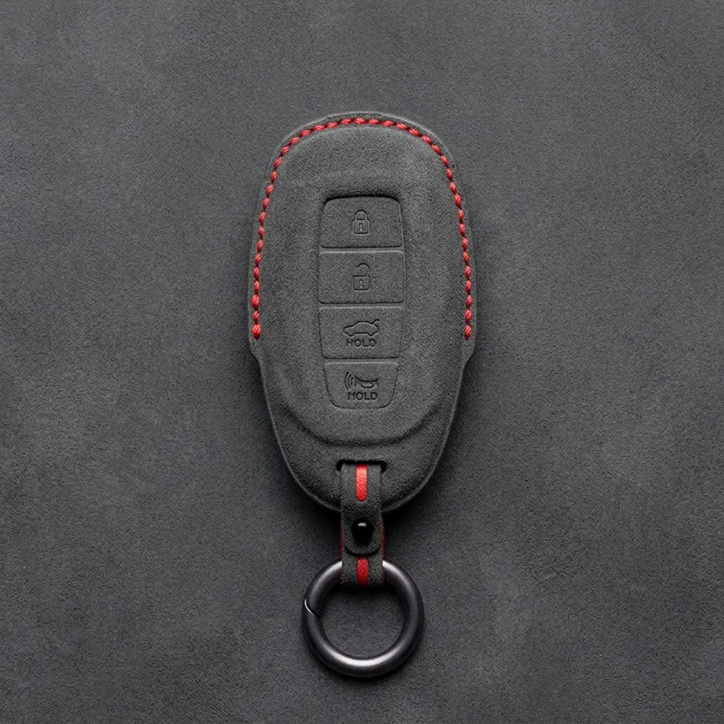 Hyundai Hand-Stitched Alcantara Key Fob Cover – Silver Cap 4-Button Dark Charcoal