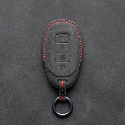 Hyundai Hand-Stitched Alcantara Key Fob Cover – Silver Cap 4-Button Dark Charcoal