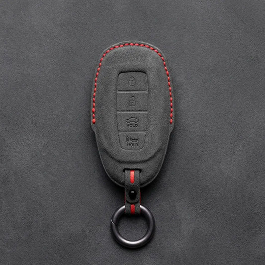 Hyundai Hand-Stitched Alcantara Key Fob Cover – Silver Cap 4-Button Dark Charcoal