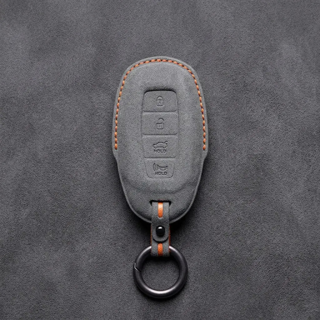 Hyundai Hand-Stitched Alcantara Key Fob Cover – Silver Cap 4-Button Dark Gray