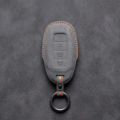 Hyundai Hand-Stitched Alcantara Key Fob Cover – Silver Cap 4-Button Dark Gray