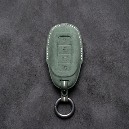 Hyundai Hand-Stitched Alcantara Key Fob Cover – Silver Cap 4-Button Dark Green
