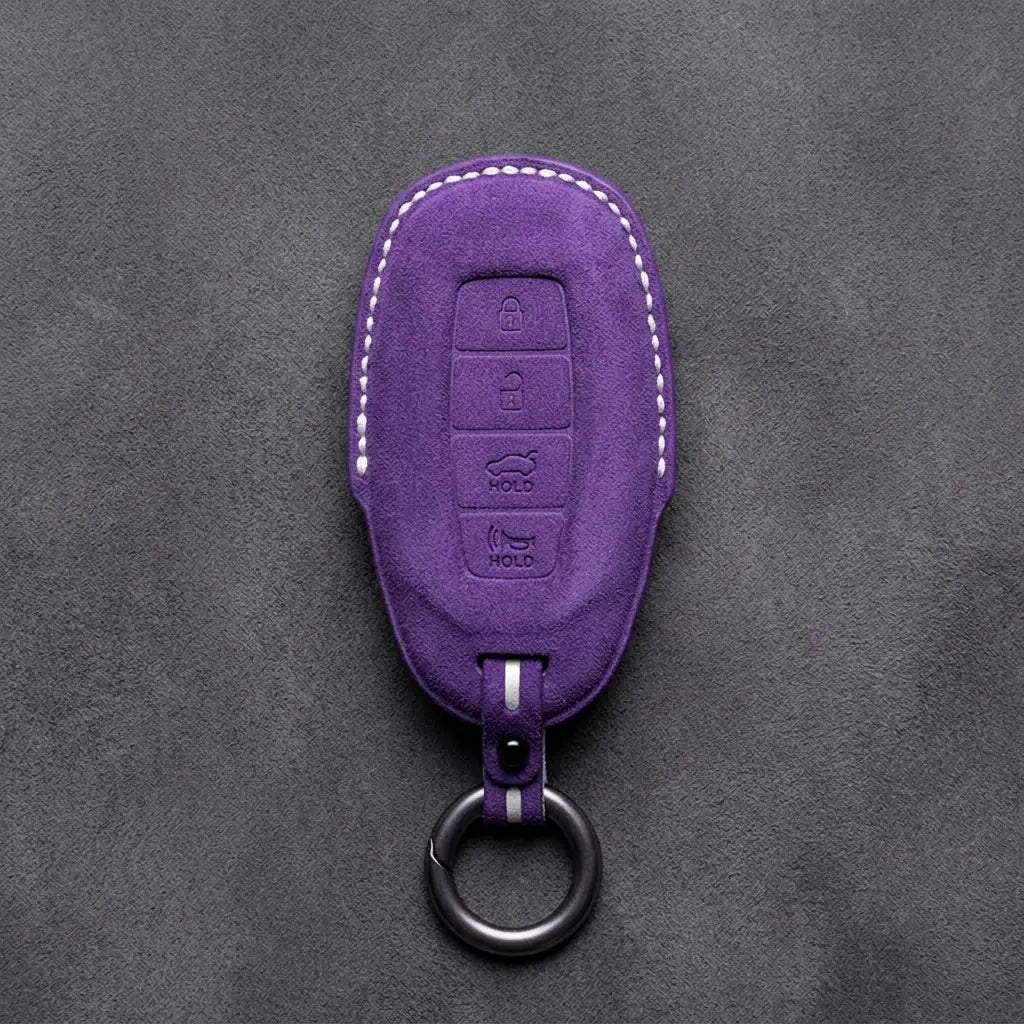 Hyundai Hand-Stitched Alcantara Key Fob Cover – Silver Cap 4-Button Dark Purple