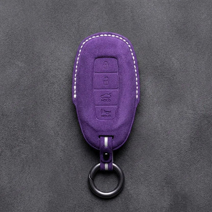 Hyundai Hand-Stitched Alcantara Key Fob Cover – Silver Cap 4-Button Dark Purple