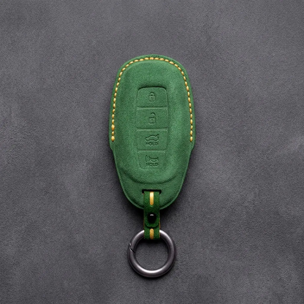 Hyundai Hand-Stitched Alcantara Key Fob Cover – Silver Cap 4-Button Grass Green