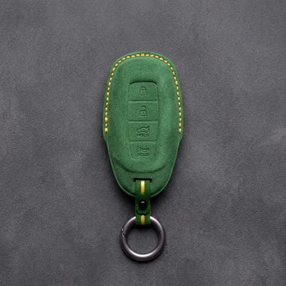 Hyundai Hand-Stitched Alcantara Key Fob Cover – Silver Cap 4-Button Grass Green