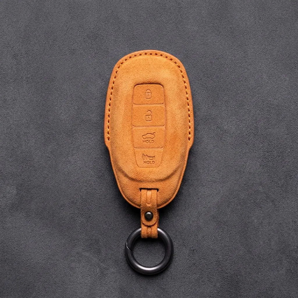 Hyundai Hand-Stitched Alcantara Key Fob Cover – Silver Cap 4-Button Orange
