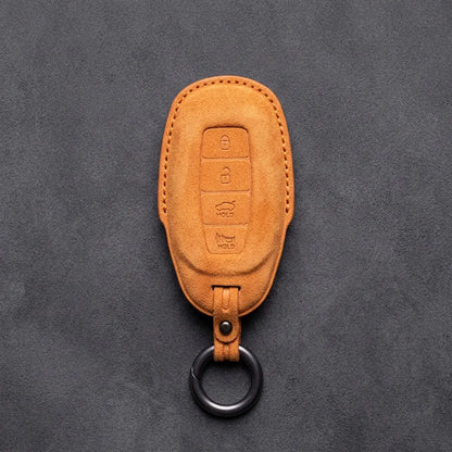 Hyundai Hand-Stitched Alcantara Key Fob Cover – Silver Cap 4-Button Orange