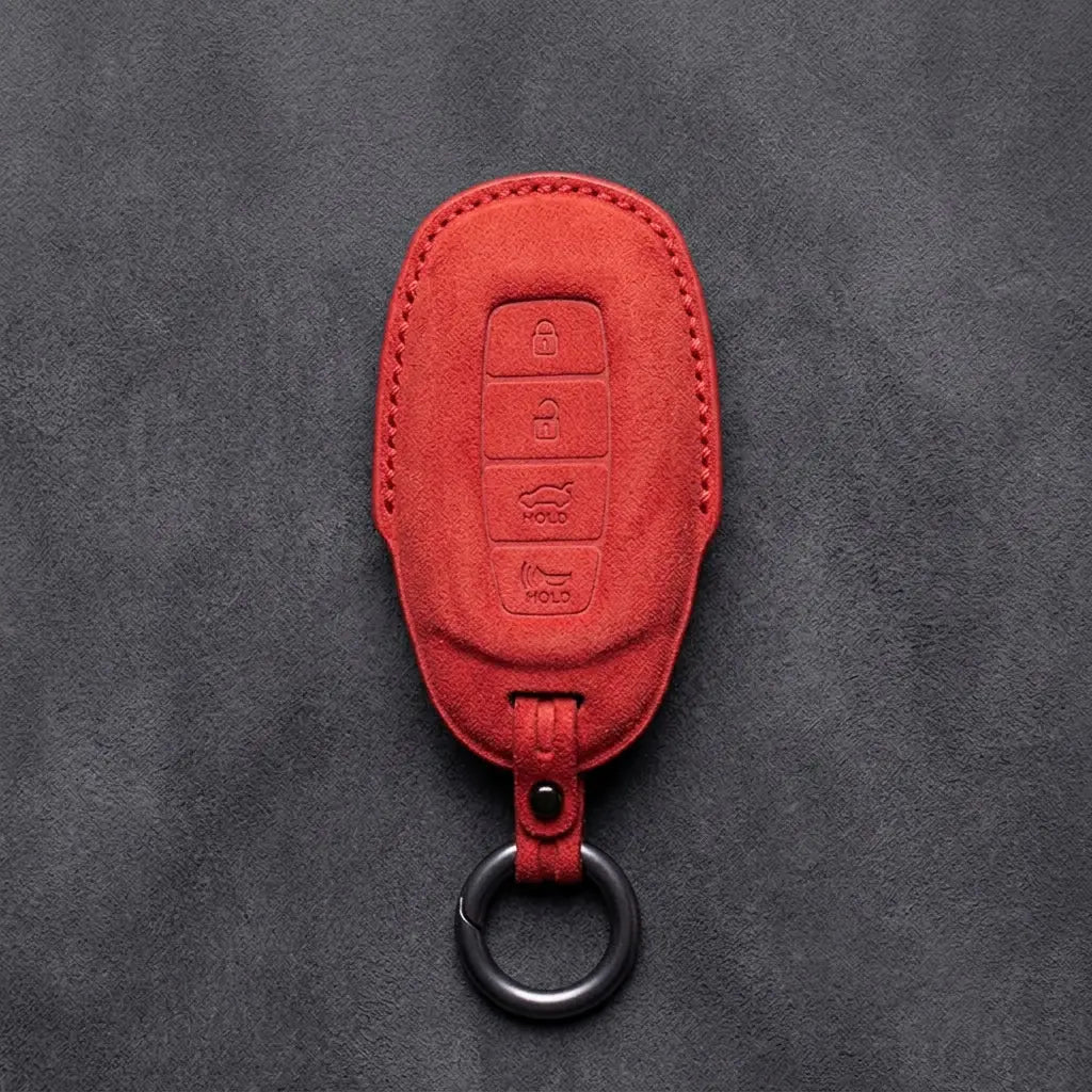Hyundai Hand-Stitched Alcantara Key Fob Cover – Silver Cap 4-Button Red