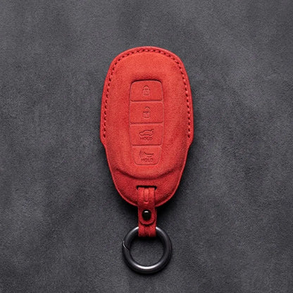 Hyundai Hand-Stitched Alcantara Key Fob Cover – Silver Cap 4-Button Red
