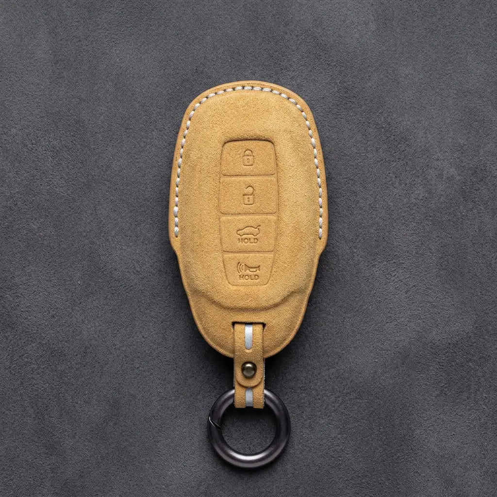 Hyundai Hand-Stitched Alcantara Key Fob Cover – Silver Cap 4-Button Soft Brown