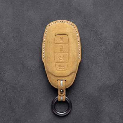 Hyundai Hand-Stitched Alcantara Key Fob Cover – Silver Cap 4-Button Soft Brown